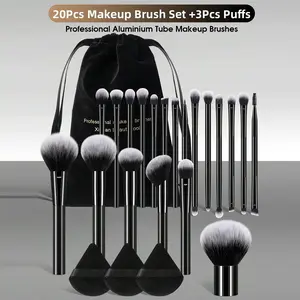 24PCS Professional Makeup Tools: 20 Soft Fiber Aluminum Tube Brushes (Powder/Contour/Blush etc.) +3 Triangle Puffs +Flannelette Bag, Portable Travel Gift for Women&Girls, Cosmetic