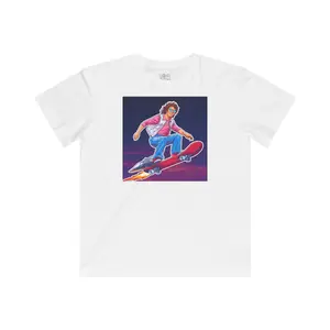 Kids 80s Neon T-Shirt - Tousled Adventurer Riding a Rocket-Powered Skateboard - 80s Neon Style T-Shirt