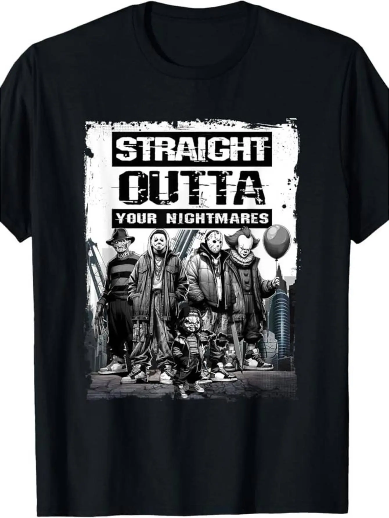 Straight Outta Nightmares" Men's Vintage Horror Halloween T-Shirt - 100% Cotton Casual Round Neck  gifts