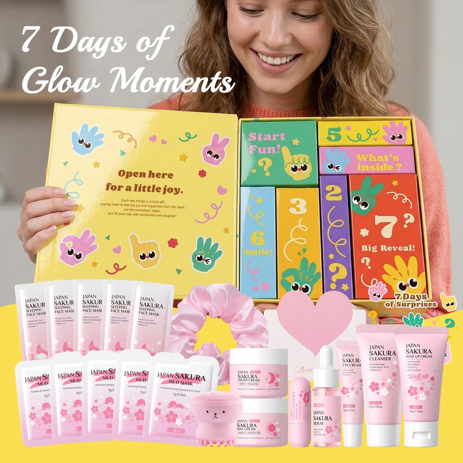 Luxury Birthday Gift Set for Girlfriend - LAIKOU 13Pcs Sakura Skincare & Pink Aesthetic Present for Her - 7-Day Surprise Countdown Calendar Mystery Box for Teens & Women - Includes Heart Card, Scrunchie & Facial Cleansing Brush