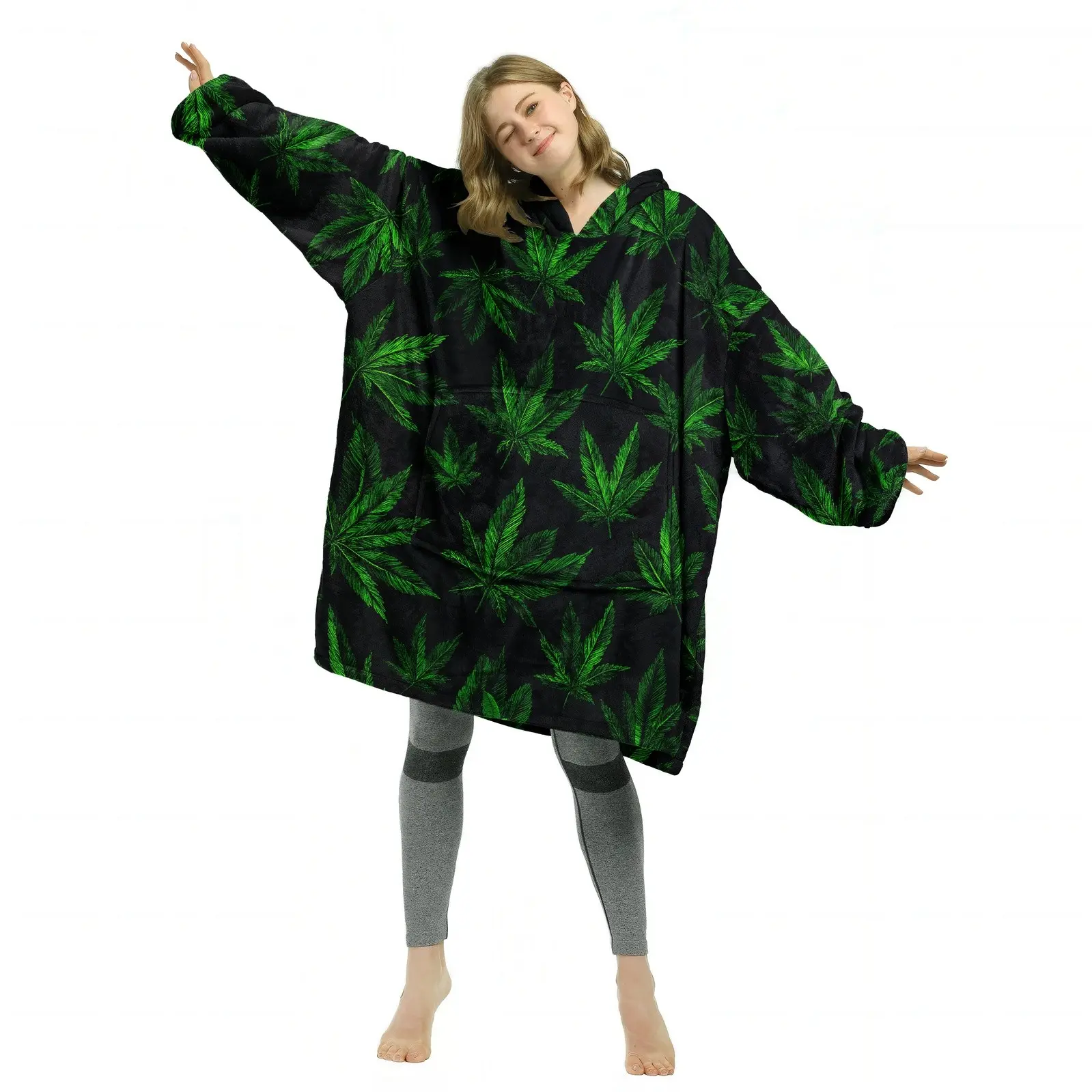 Hoodie Blanket, Wearable Blanket, Hooded Blanket, Wearable Leaf Print Hoodie Blanket, Soft Flannel Digital Printed Throw, Soft Warm Blanket, Sofa Cover, Blanket for couch, Home Leisure, Air Conditioning, Christmas Gift, Valentine's Day Gift