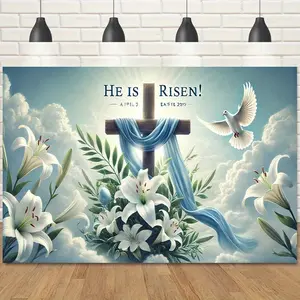 Easter Banner 1pc 2D Flat He Is Risen Golden Cross White Dove Background Durable Polyester Easy Hang Indoor Outdoor for Easter Weddings Birthdays Garden