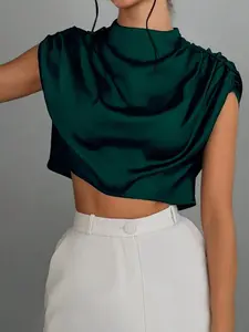 Women's Plain Satin Crop Blouse, Casual Mock Neck Top for Summer, Women's Clothing, Womenswear for Daily Wear
