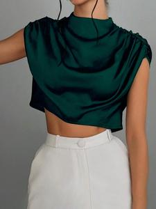 women's plain satin crop blouse, casual fitted mock neck top for summer, women's clothing for daily wear, summer tops, womenswear