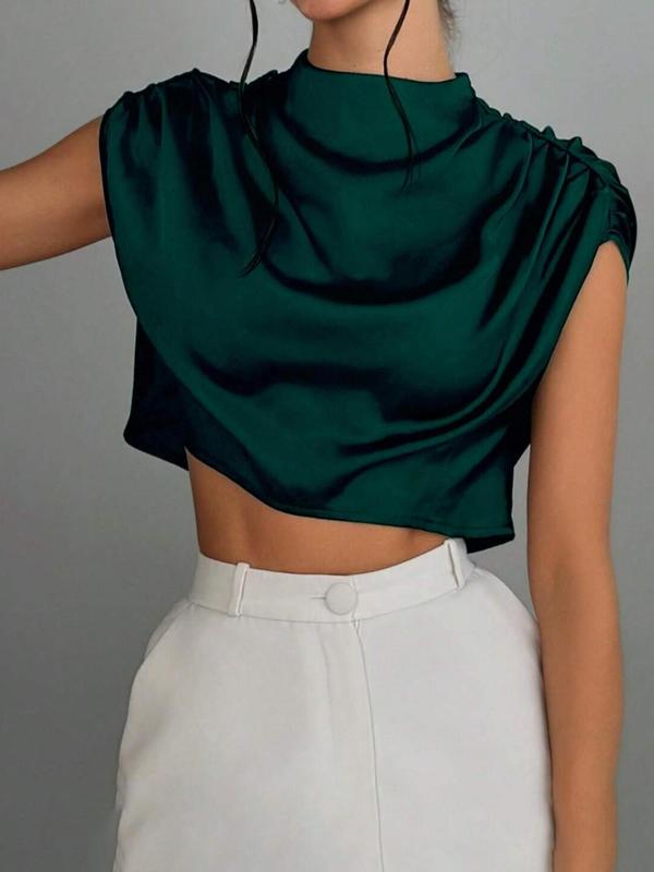 Women's Plain Satin Crop Blouse, Casual Mock Neck Top for Summer, Women's Clothing for Daily Wear