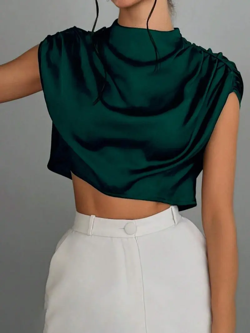 Women's Plain Satin Crop Blouse, Casual Mock Neck Top for Summer, Women's Clothing for Daily Wear