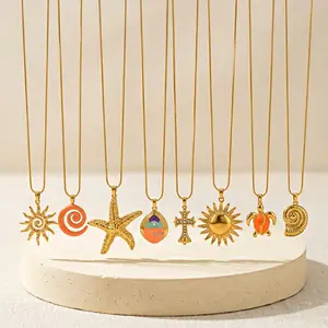 High-end ins-style collarbone chain stainless steel jewelry, 18K gold-plated with sun, starfish and other pendants, titanium steel necklace