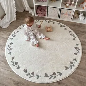Modern Nordic Style Round Carpet for Kids Room, Soft Plush Play Mat, Comfortable Indoor Rug for Living Room Bedroom Game Room
