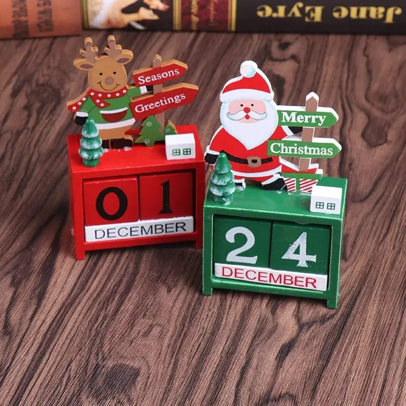 Wooden Christmas Theme Calendar Advent Countdown Painted Blocks, Holiday Christmas Decoration DIY Desktop Decoration, Festive Appeal, Ornaments, Wooden Craft