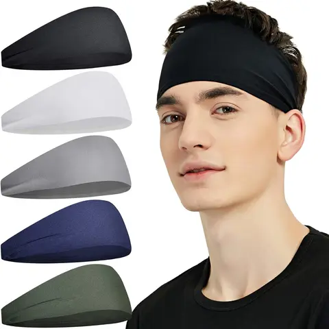 Men's 5-Pack Elastic Training Sports Headbands - Moisture-Wicking, Secure Fit, Adjustable, One Size - 5pack Workout Set for Gym, Park & Court Days, Elastic Headbands for Women