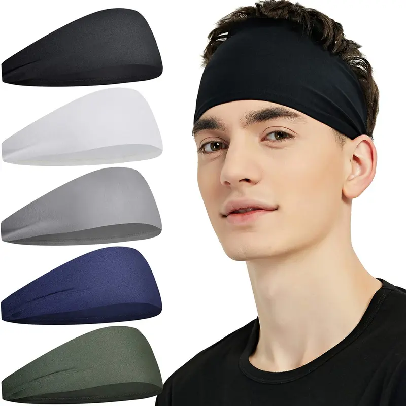 Men's 5-Pack Elastic Training Sports Headbands - Moisture-Wicking, Secure Fit, Adjustable, One Size - 5pack Workout Set for Gym, Park & Court Days, Elastic Headbands for Women