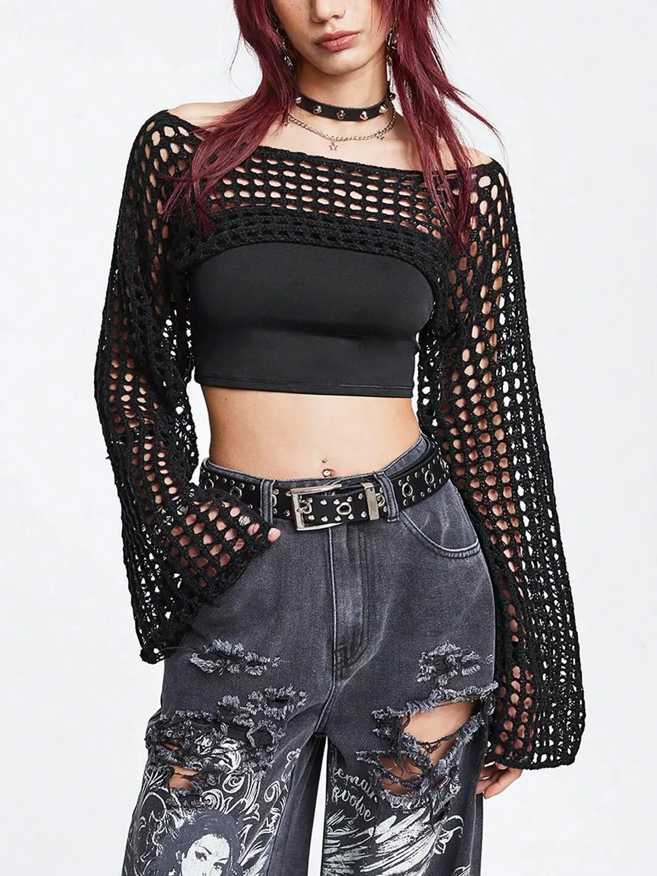 Women's Y2K Summer Hollow Out Knit Short Top, Long Bell Sleeve Hoodie, Sexy Round Neck Crop Top, Fashion Crochet Design, Beach Vacation Wear, Knitwear