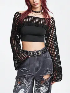 Women's Y2K Summer Hollow Out Knit Short Top, Long Bell Sleeve Hoodie, Sexy Round Neck Crop Top, Fashion Crochet Design, Beach Vacation Wear, Knitwear