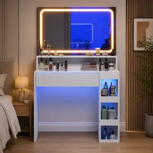 LED Lighted Makeup Vanity Bathroom Vanity with Mirrors Storage Shelves RGB Lighting Modern Decor Vanity Table Make Up Vanity Organizer Vanity Desk Dressing Table Cosmetic Vanity Makeup Station summerwins,summerwins