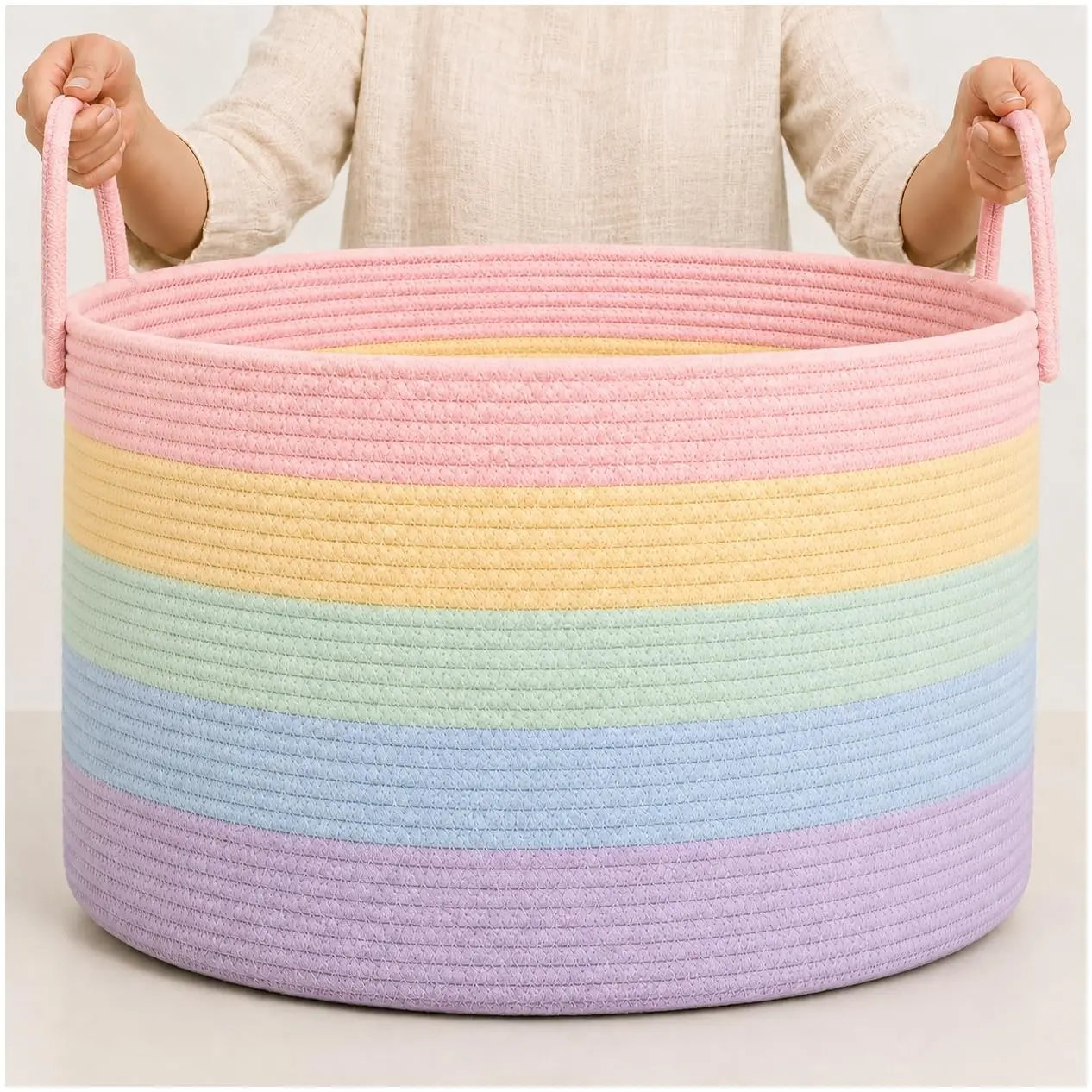 Rainbow Toy Basket & Blanket Storage Bin, Nursery 20x13" | Rainbow Pastel - Round Rainbow Cotton Rope Basket, Nursery 20x13"