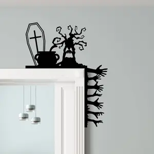 Halloween metal wall decoration door top decoration - Ghost Gothic corner sculpture with bat, haunted house, and tombstone design - Battery free interior decoration suitable for Halloween, Christmas