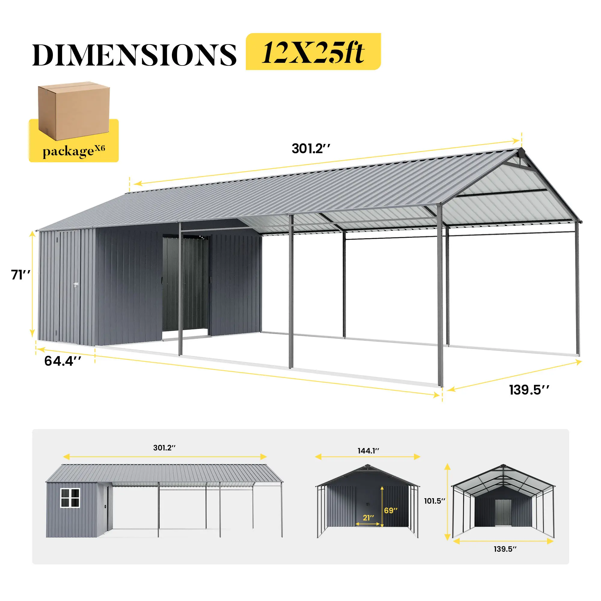 12x25/20X23Ft Heavy Duty Metal Carport With Lockable Storage Shelt, Industrial-Grade Galvanized Steel Garage, 2-in-1 Outdoor Carport With Corrugated Metal Roof, Wind & Snow Resistant, Gray/White
