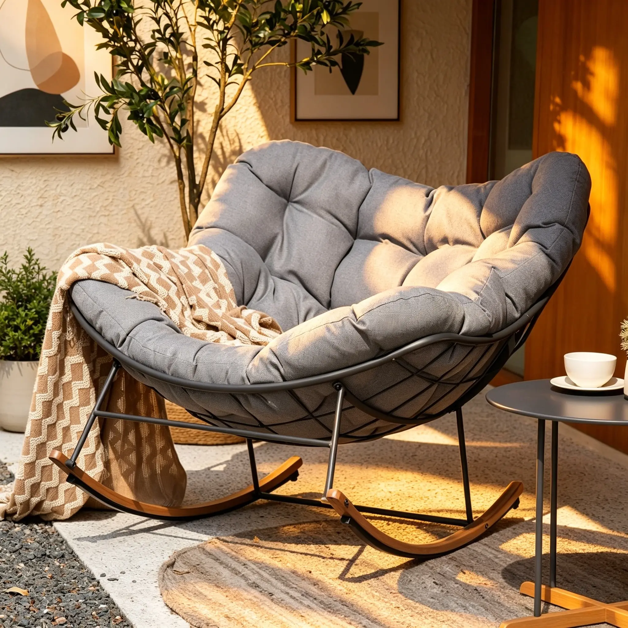 Color Grey Oversized Egg Rocking Chair with Durable Steel Frame for Ultimate Relaxation Experience Ergonomic Comfort Heavy-Duty Construction Versatile Rocking Chair with Cushion Outdoor Modern Recliner indoor papasan patio