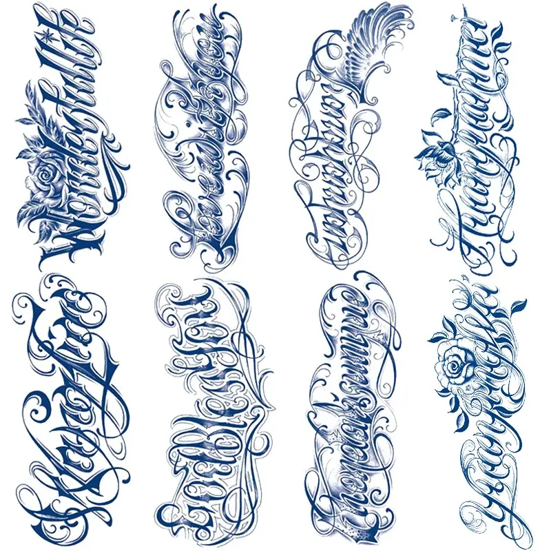 8 Pcs Plant Ink Semi-Permanent Letter Temporary Tattoos, English Rose Tattoo Stickers, Waterproof Fake Tattoos, Arm Flower Custom Tattoos, Arm Sleeve Tattoos, Realistic Body Art