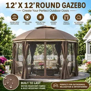 12x12 Round Outdoor Gazebo Patio Dome Gazebo Canopy with Netting and Curtains Double Roof Zippered Doors Strong Steel Frame Heavy Duty Permanent Pavilion Outside Sun Shade Pergola Backyard Deck Porch Brown
