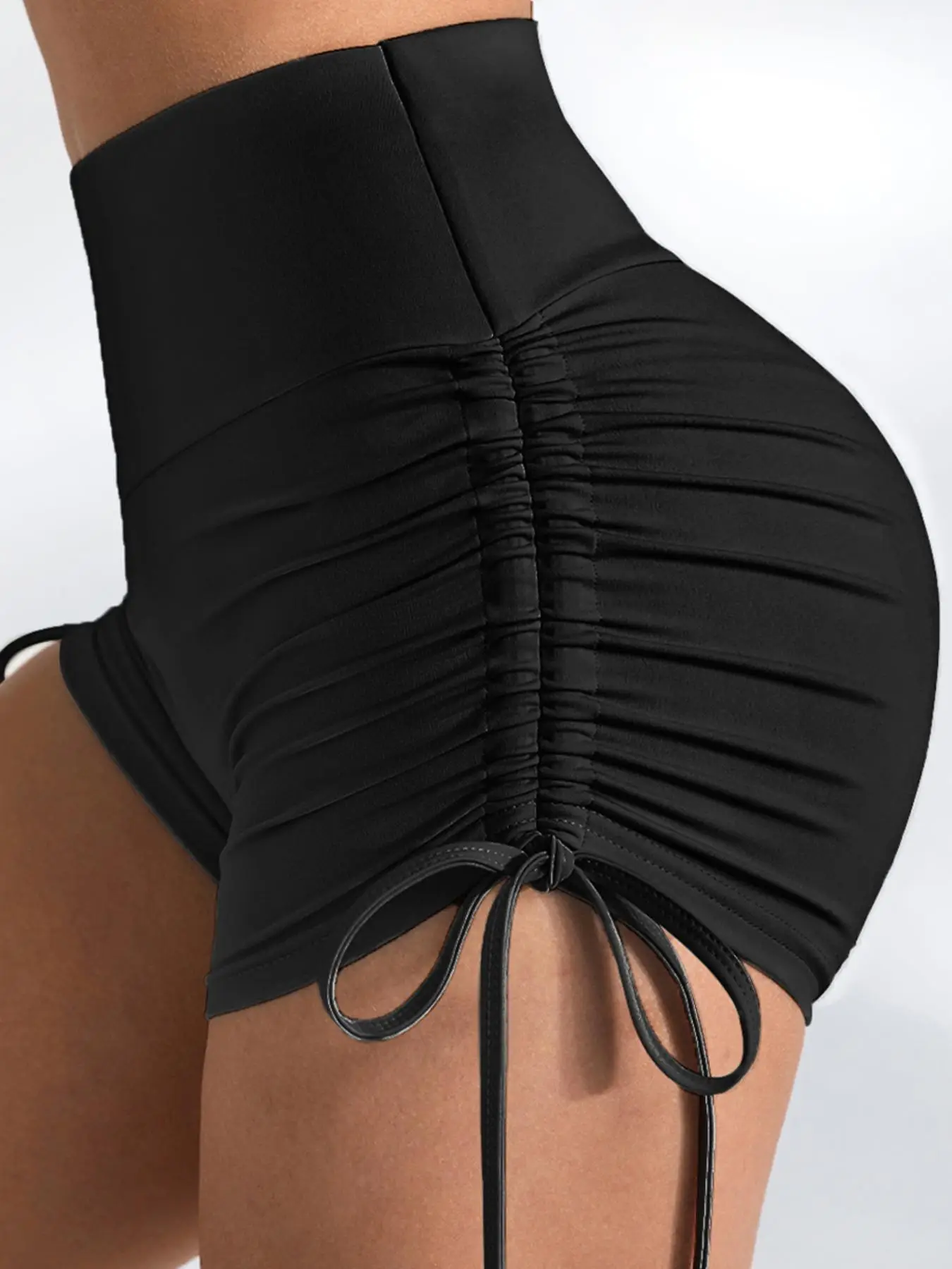 Women's Solid Ruched Drawstring Sports Shorts, Sporty High Waist Skinny Shorts, Ladies Sportswear for Indoor Outdoor Wear