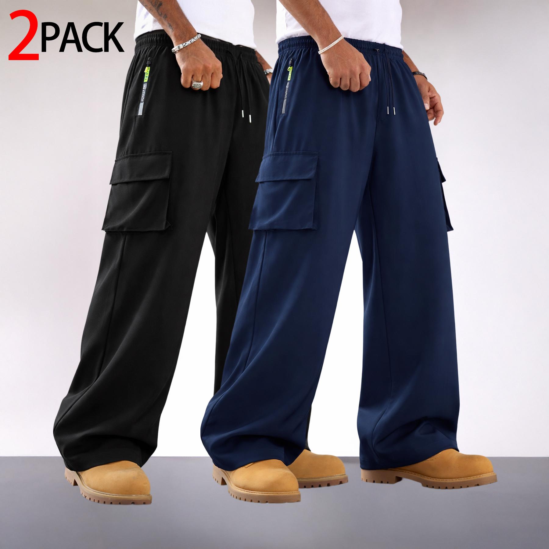 2 Pack Mens Cargo Pants Wide Leg Drawstring Multi Pocket Streetwear Utility Trousers Loose with Zipper Pocket and Large Flap Cargo Pockets for Casual Commuter Outdoor Wear and Relaxed Daily Outfits