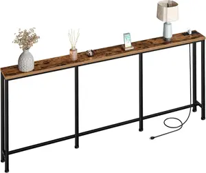 78.7'' Narrow Console Table with Power Outlet 7.1" Skinny Sofa Table, Long Behind Couch Table with  Station, Entryway Table for Hallway, Living Room Rustic Brown and Black TXG20UBF