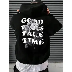Men's "Good Things Take Time" Graphic Print Comfort Hoodie, Vintage Floral & Letter Print Drawstring Pocket Long Sleeve Hooded Sweatshirt, Menswear