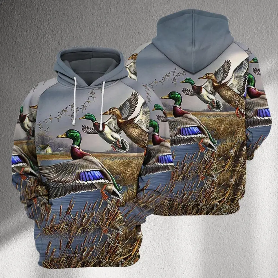 Ducks 3D All-Over Print Hoodie – Mallard Duck Flock Lake Marsh Graphic Sweatshirt, Unisex Outdoor Pullover, Bird Lover Gift for Men & Women