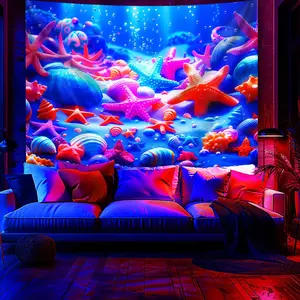 1pc Large Glow-in-the-Dark Underwater World Sea Star & Coral Reef Tapestry - UV/Blacklight Activated Fluorescent Wall Hanging with Wrinkle- Fabric & Hand-Stitched Edges, Glowing Marine Life Decor for Bedroom, Living Room, Party - Neon Ocean Theme Home Dec