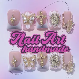 Delicatething Y2K Style Duckbill Nails, Handmade Wearable Nails, Blue French Design, Gold Butterfly & Star Patterns, Nail Kit Set, Perfect Gift for Women