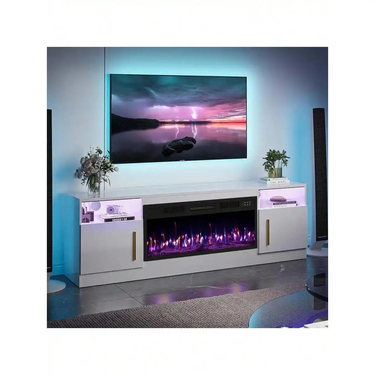 Modern Fireplace TV Stand With 36" Electric Fireplace, And Storage Cabinet For TVs Up To 80" - High Gloss Wood Design For Living Room