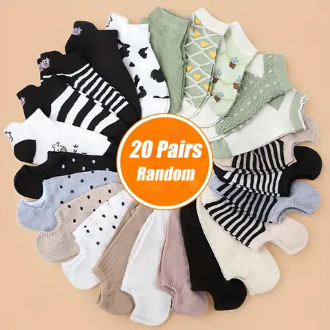Women's 20-Pair Assorted Color Ankle Socks - Random Mixed Mismatched Animal & Fruit Cartoon Mixed Prints, Soft Comfy Hosiery, Socks for Women, Playful Casual Underwear