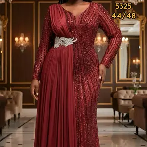 Luxury Turkey Gown Dresses 44/48 Red Sequin V-Neck Long Sleeve Evening Gowns for Special Occasions