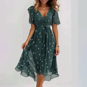 Printed women's dress elegant V-neck long dress ruffled floral skirt casual large size loose dress