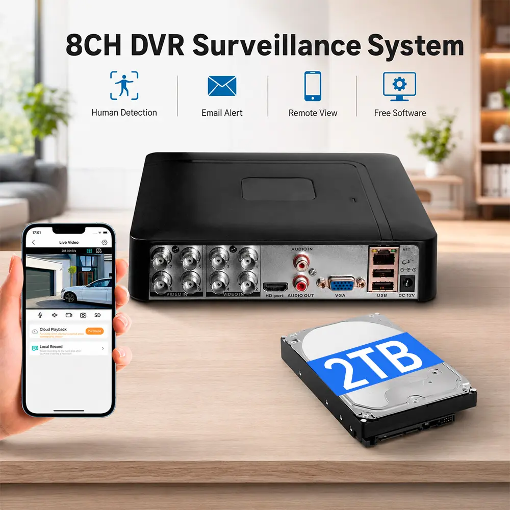 A1008LME High Definition 8 Channel 4-in-1 Security Video Recorder DVR With 2TB HDD, intelligent playback, up to 5MP Cameras Surveillance System, Home, Farm, Warehouse Security System