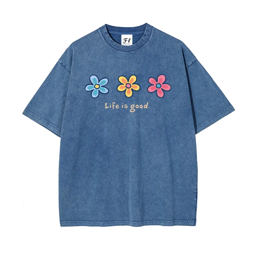 Life is good Cute Casual Three Flowers Unisex Plus Size Summer Graphic Tees Personalized Pattern Y2k Clothing Round Neck Short-Sleeved Washed T-Shirt,Women's Clothing 100% Cotton, Menswear, Top, Vintage Style, Casual Oversized