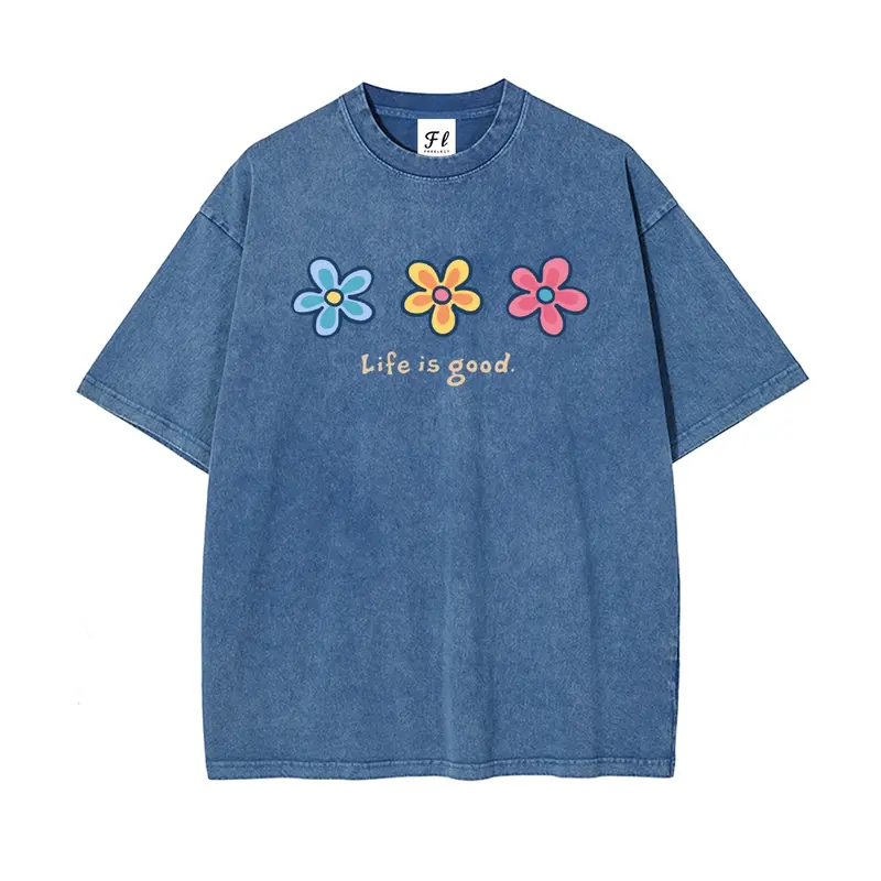 Life is good Cute Casual Three Flowers Unisex Plus Size Summer Graphic Tees Personalized Pattern Y2k Clothing Round Neck Short-Sleeved Washed T-Shirt,Women's Clothing 100% Cotton, Menswear, Top, Vintage Style, Casual Oversized