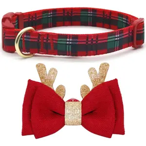 Christmas Dog Collar, Plaid Dog Collar and Cute Glitter Reindeer Antler with Bowtie, Soft & Comfy Xmas Dog Collars, for Large Dogs
