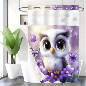 LVRLVR 1pc Dreamy Healing Style Light Purple Butterfly White Flower Cute Owl Pattern Polyester Double Layer Lined Shower Curtain 70.874 Inches/180188cm