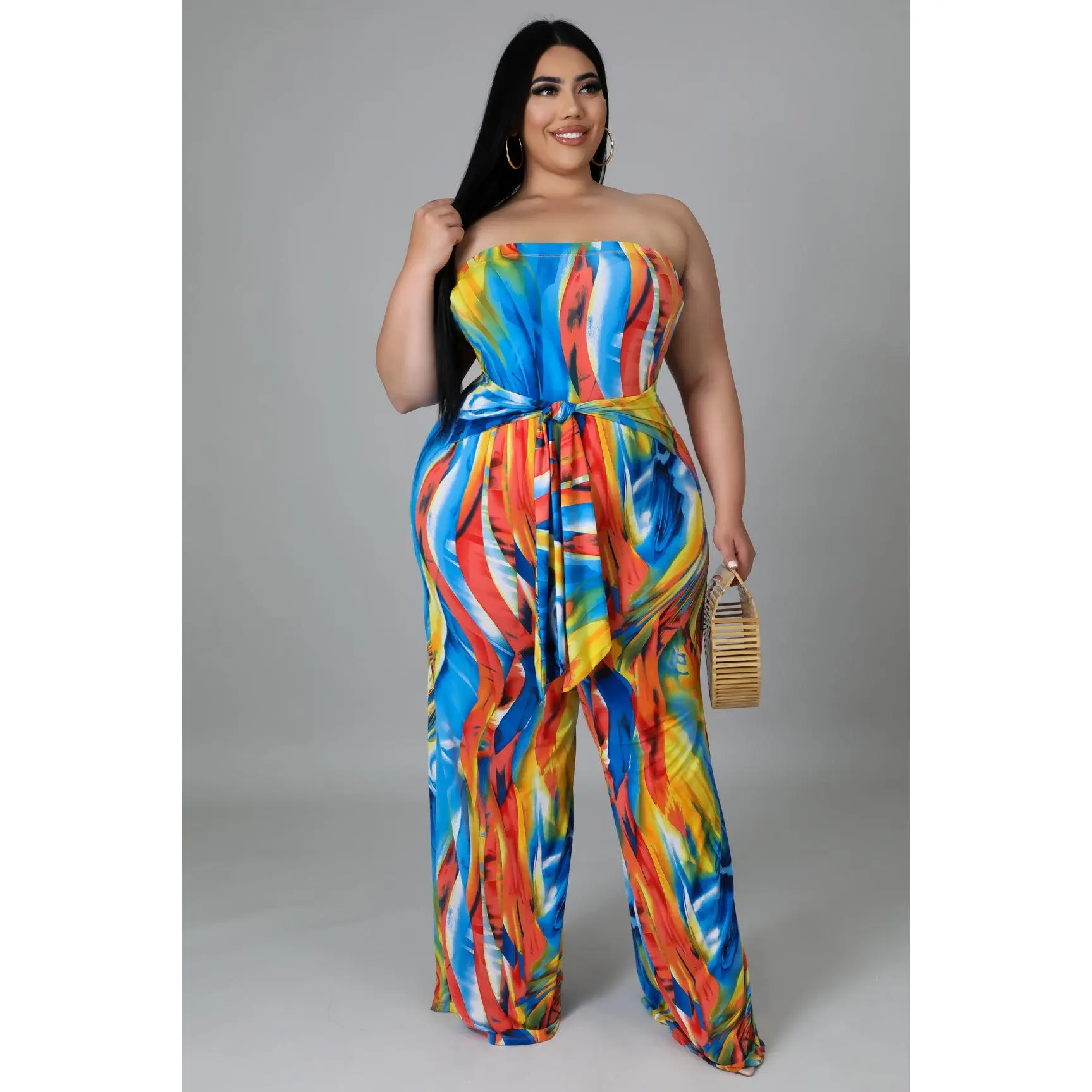 "Maya Riviera" Plus Size Wide Leg Strapless Jumpsuit.