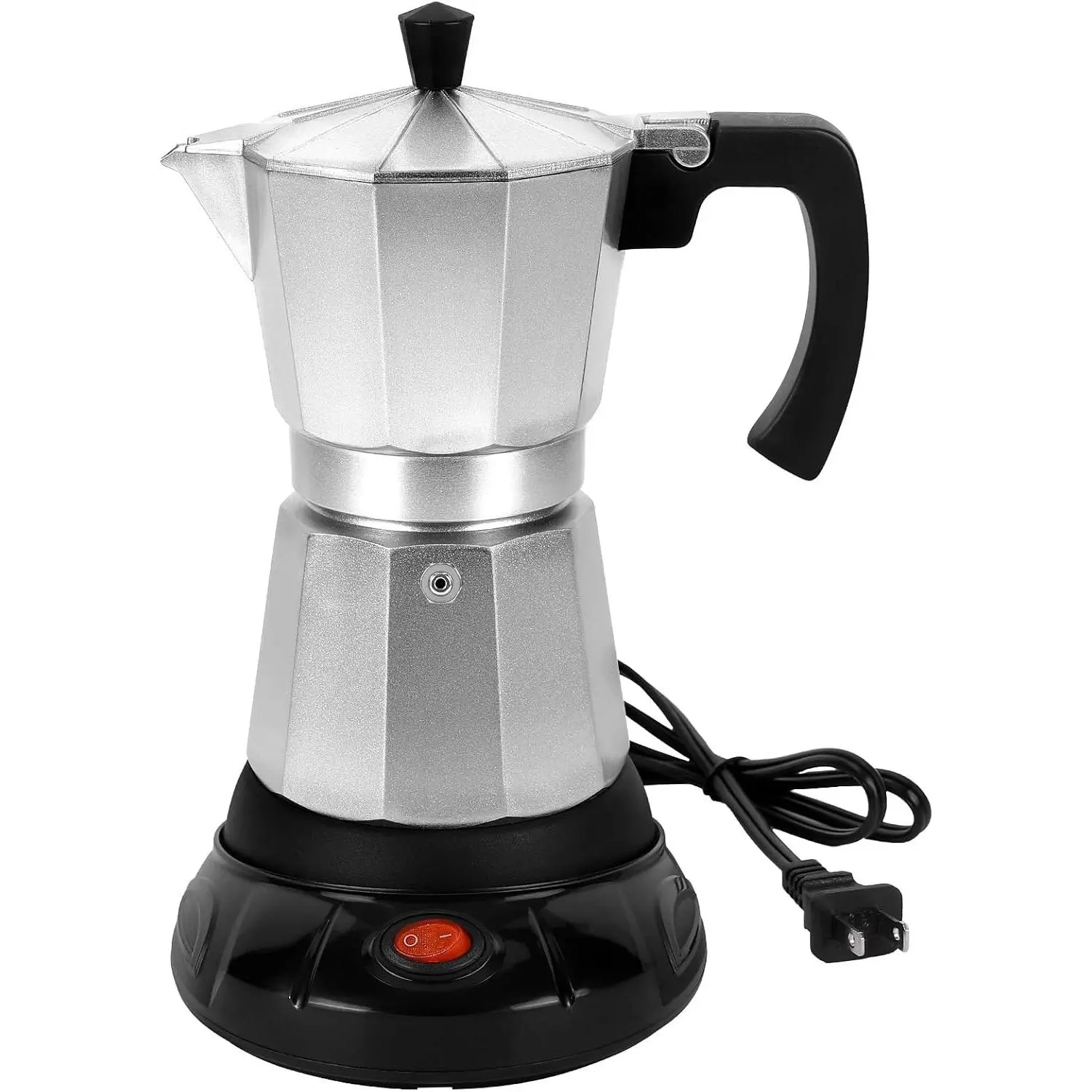Electric Moka Pot 3 or 6 Cup Espresso Coffee Maker Silver Food-grade Aluminum with Dose Reduction Plate Boil-dry Protection Auto-stop Detachable Base for Cuban and Italian Coffee