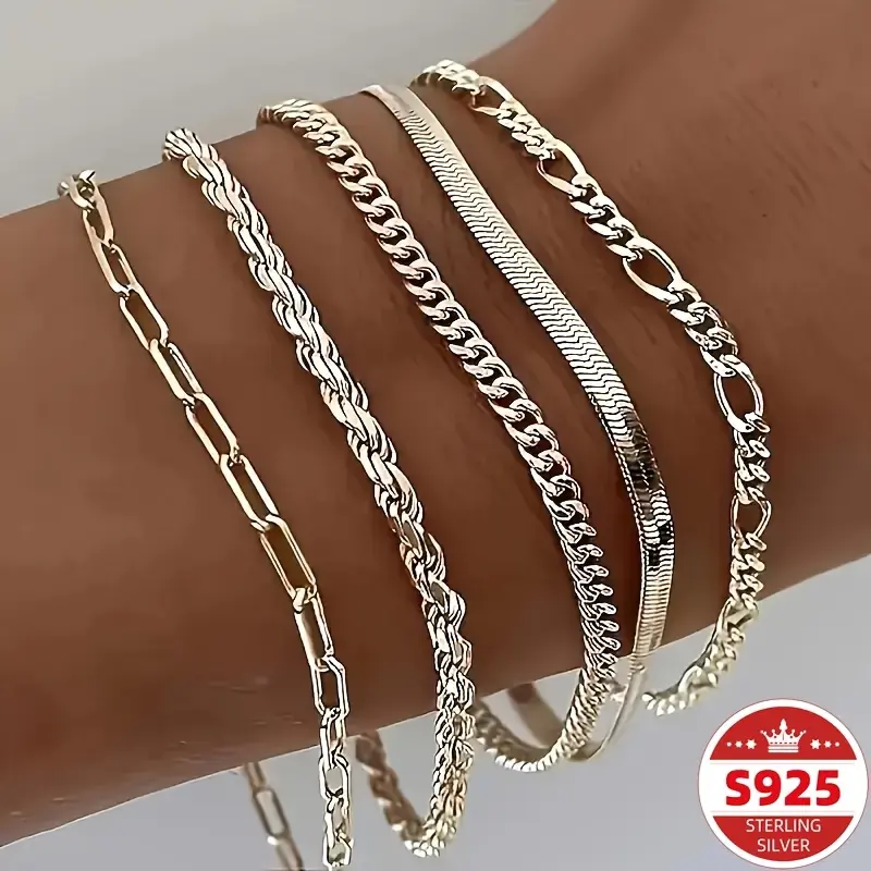 5pcs Set 925 Sterling Silvery Cuban Bracelet - Bohemian Style for Men And Women |   The Perfect Christmas Gift And Casual Wear