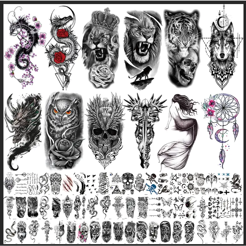 72 Sheets Temporary Tatoo 12 Large and 60 Medium-sized sheets Black Arm Temporary Tattoos For Men Forearm Women Thigh, Half Sleeve Animals Dragon Lion Tiger Wolf Dream Cather Temporary Tattoo Stickers Adults, Death Skull Compass Flower Fake Tattoos