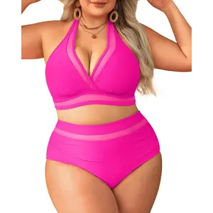Tempt Me Women Plus Size Bikini High Waisted Swimsuits Mesh Tummy Control Two Piece Bathing Suit with Full Coverage Bikini Bottom  SwimWeek  summervibes