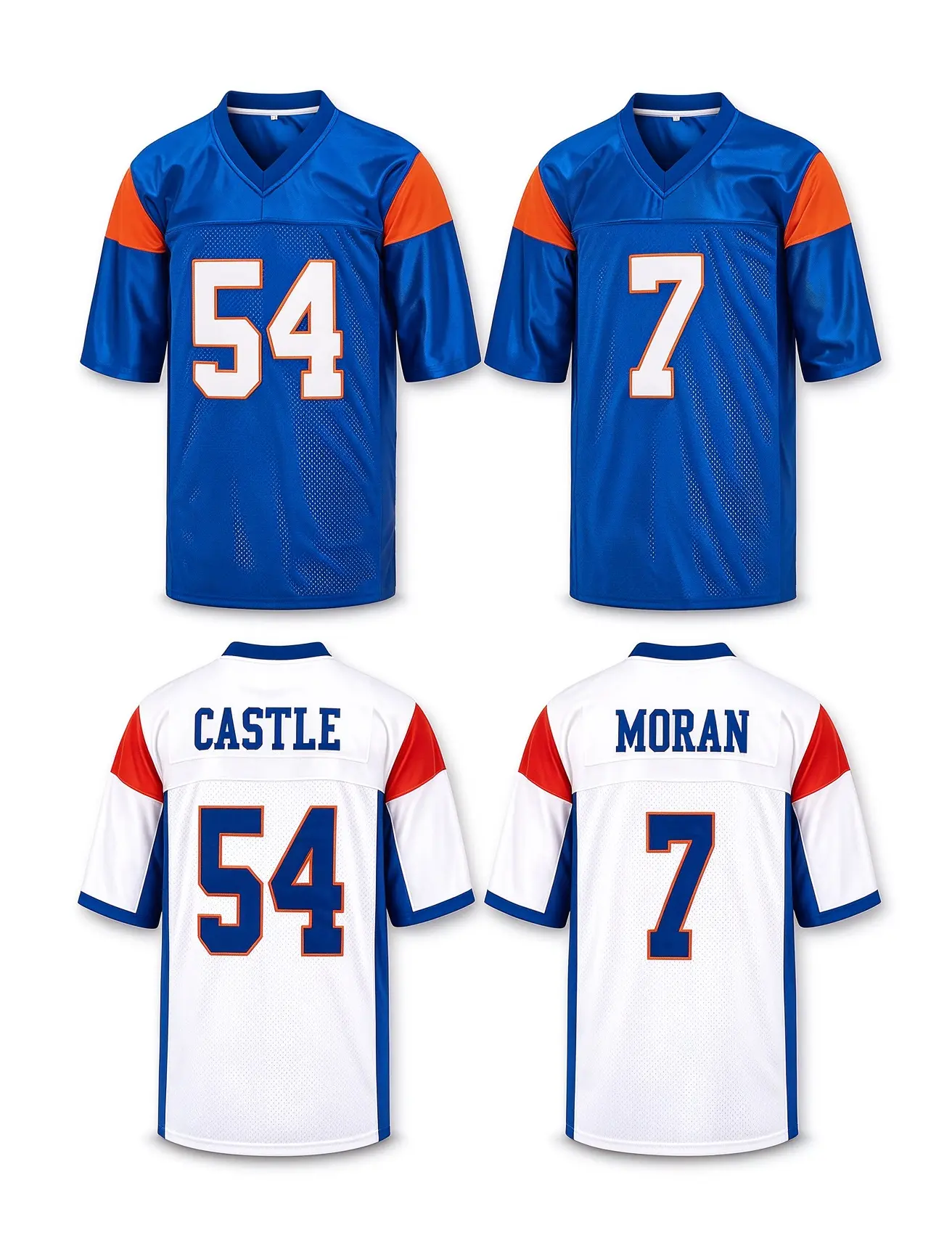 Men's Short Sleeve Football Jersey - Blue Mountain State Replica, Castle #54/Moran #7 V-Neck Mesh Polyester Sportswear, Stitched Letters, US Sizes/US Standard Size, Jersey Shirts, Lightweight Jersey