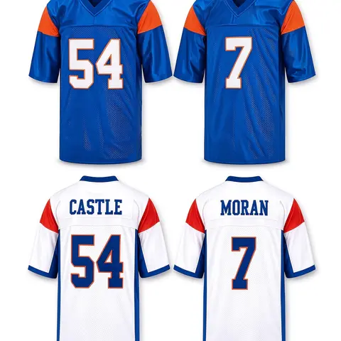 Men's Short Sleeve Football Jersey - Blue Mountain State Replica, Castle #54/Moran #7 V-Neck Mesh Polyester Sportswear, Stitched Letters, US Sizes/US Standard Size, Jersey Shirts, Lightweight Jersey