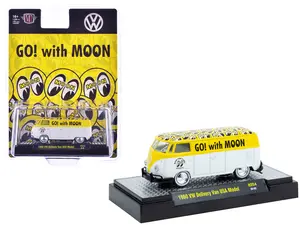 1960 Volkswagen Delivery Van USA Model White and Yellow with Graphics and White Interior 1/64 Die Cast Model Car by M2 Machines