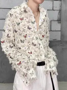 INCERUN Men's Fashion Casual Butterfly Print Fringe Long Sleeve Shirt, Spring & Fall Daily Wear, Stylish and Comfortable