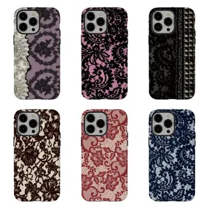 Gothic Lace Pattern Phone Case, Black & Pink Y2K Floral Aesthetic Shockproof Protective Cover,Compatible for iPhone 16 15 14 13 12 11 17Pro Max,for Samsung S25 S24 S23 S22 Ultra,Durable Dual-Layer design phone cover,Perfect Gift for Her